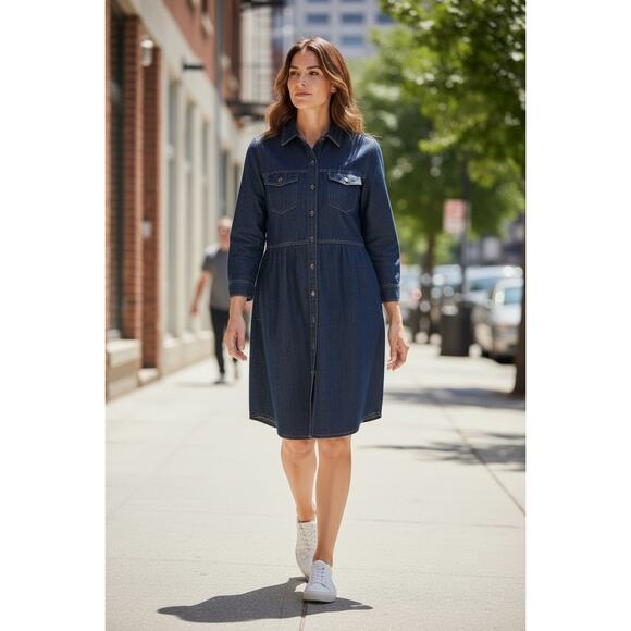 Frye Dresses & Skirts - FRYE Denim Shirt Dress Women L Navy Western Core Long Sleeve Collar Button Front